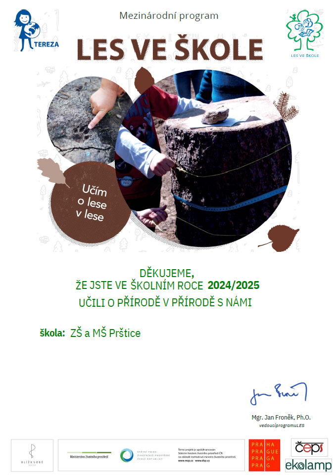 Náhled certifikátu Les ve škole 2024-2025